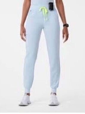 Figs Sz MT Light Blue Jogger Scrub Pants with Neon Drawstring